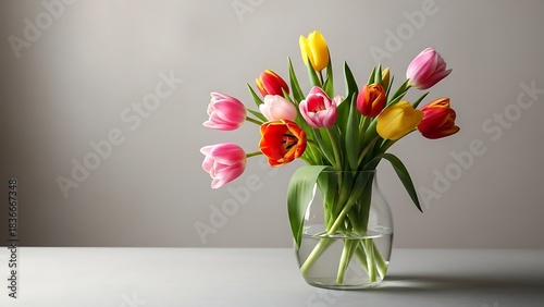 Wallpaper Mural Vibrant bouquet of tulips in glass vase on neutral background   Torontodigital.ca