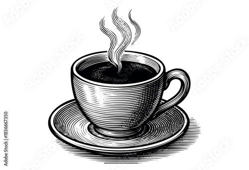 A black and white drawing of a cup of hot coffee on a saucer with visible steam emanating from the top — stock vector.
