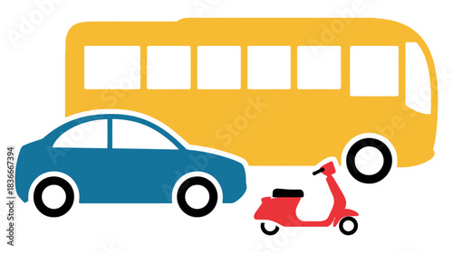 A bus, a car, and a scooter are lined up together on a white background.