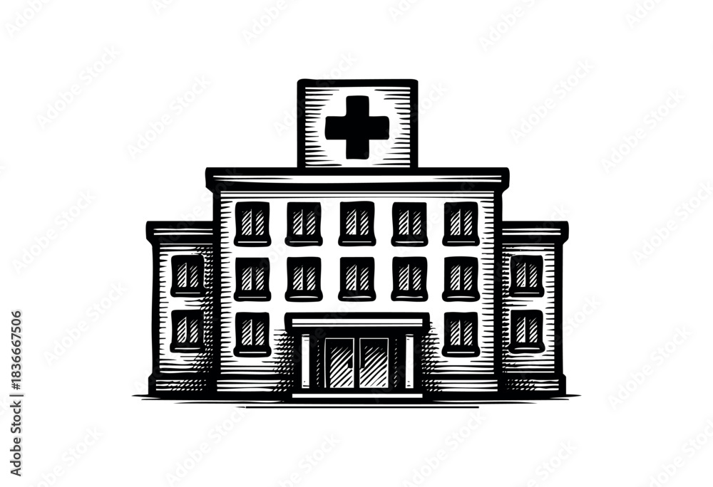 Obraz premium Monochrome hospital building in woodcut style with a medical cross on top — stock illustration.