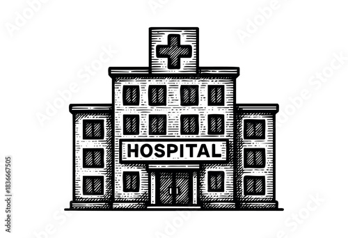 A stylized black and white hospital building with a cross on top is depicted in a vintage etched style — stock illustration.