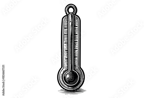 Monochrome illustration of a classic thermometer with mercury, indicating temperature in a retro engraving style — stock illustration.