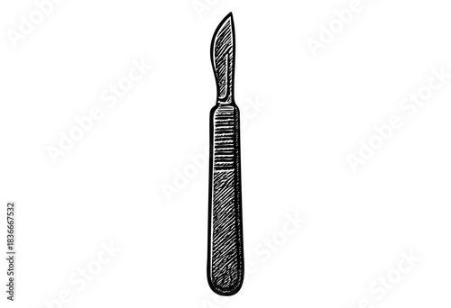 A sketch of a surgical scalpel tool with black lines over white background — stock illustration.