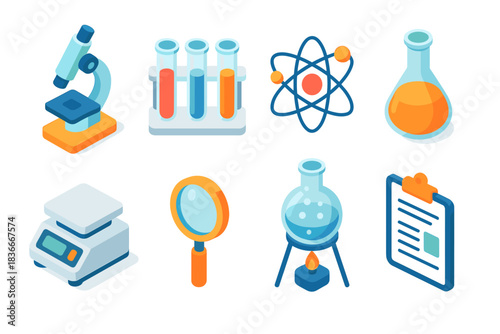 Colorful scientific equipment and icons: microscope, test tubes, atomic structure