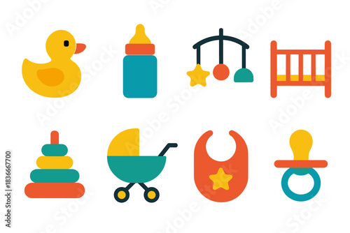 Colorful baby essentials collection: toys, stroller, crib, bottles, pacifier, bib