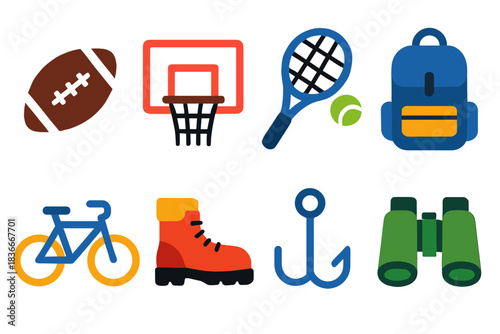 Collection of sports and outdoor activity icons: football, basketball, tennis, backpack, bicycle, boots, hook, binoculars