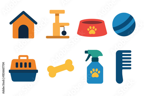Pet essentials collection: toys, shelter, grooming, and feeding items for cats and dogs