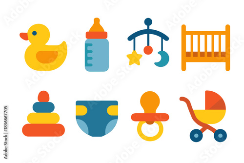 Colorful baby essentials: toys, crib, bottle, pacifier, stroller