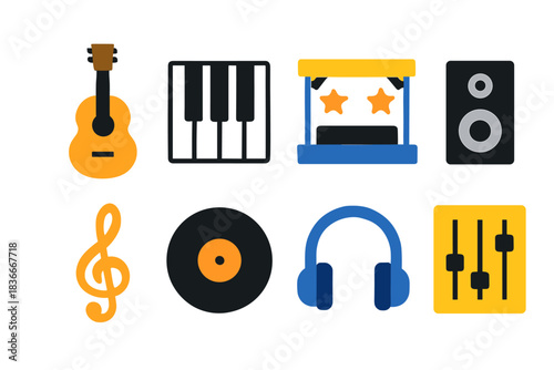 Colorful music icons: guitar, piano, stage, speaker, treble clef, vinyl, headphones, mixer