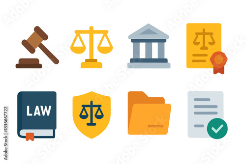 Legal icons collection: gavel, scales, courthouse, law book, certificate