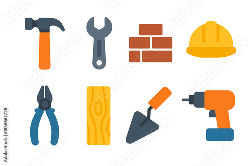 Construction tools set: hammer, wrench, bricks, hard hat, pliers, wood, trowel, drill