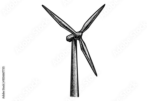An engraved wind turbine is drawn in a vintage style, representing clean energy and sustainability — stock vector.