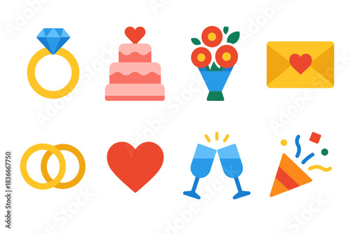 Wedding icons: ring, cake, flowers, heart, celebration, love, party