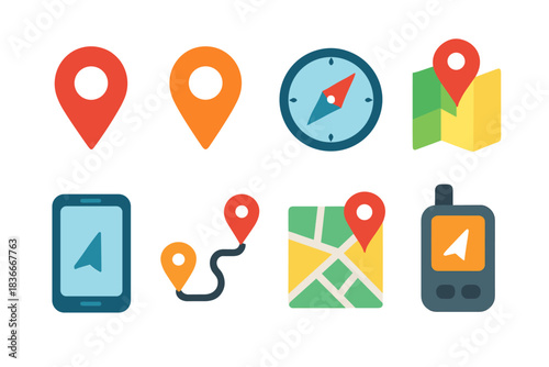 Colorful navigation icons set with maps and location markers