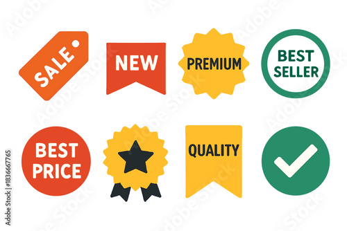 Colorful shopping tags: sale, new, premium, best seller, quality, best price, checkmark
