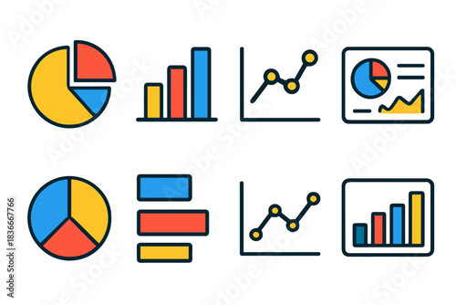 Colorful data visualization icons: pie charts, bar graphs, line graphs, infographics