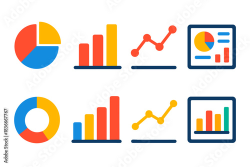 Colorful infographic icons: pie charts and graphs for data visualization