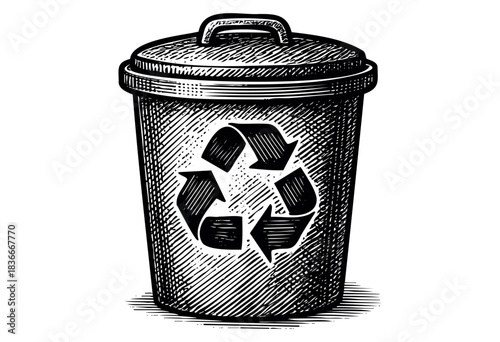 A classic, engraved-style recycle bin with a recycling symbol in black and white — stock illustration.