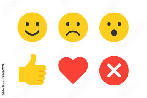 Emoji set: smiley, sad, shocked faces with thumbs up, heart, and cross symbols
