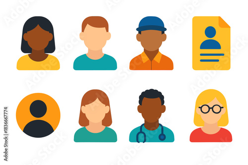 Diverse set of simplified avatar icons representing various genders, races, and professions