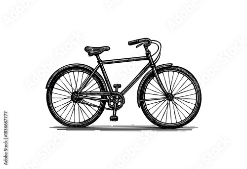 A classic bicycle is rendered in a detailed woodcut style with a black and white color palette — stock illustration.