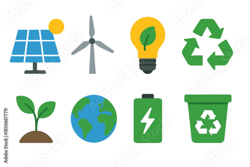 Eco-friendly icons: solar, wind, recycling, sustainability concepts