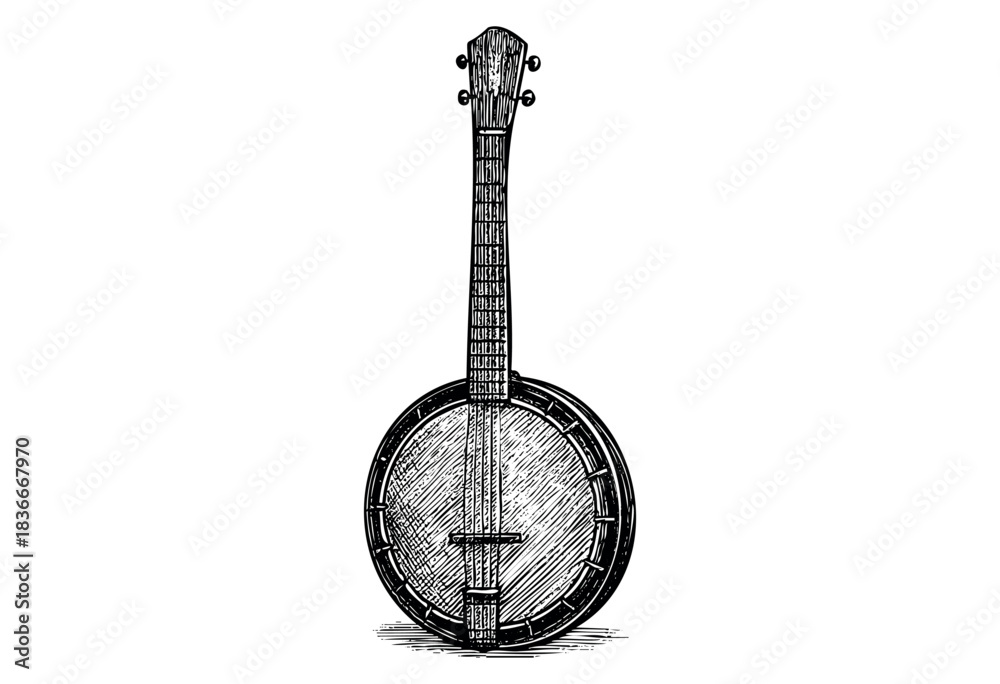 Naklejka premium A classic, intricately detailed banjo in a vintage engraved style, perfect for musical themes — stock illustration.