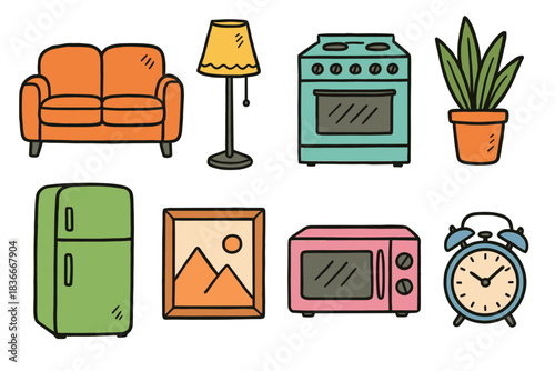 Collection of colorful home appliances and furniture in a cartoon style