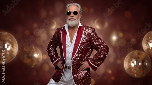 Senior man showcases dance moves in stylish outfit at a disco-themed event