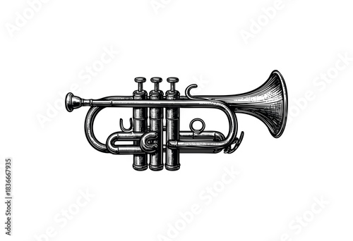 Detailed black and white engraving of a classic trumpet, perfect for jazz or music-themed designs — stock illustration.