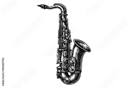 Monochrome vector drawing of a saxophone, reminiscent of a vintage etching — stock vector.
