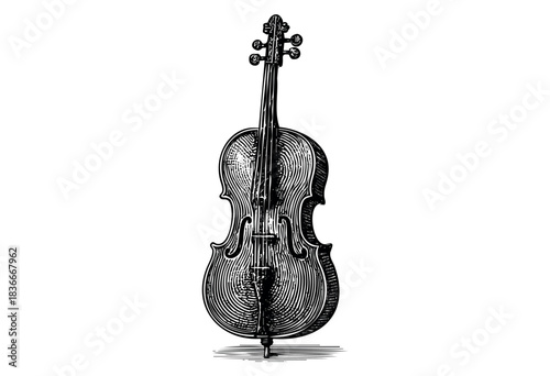 A detailed etching depicts a classical violin with intricate linework and textures — stock illustration.