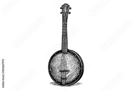 A classic, intricately detailed banjo in a vintage engraved style, perfect for musical themes — stock illustration.