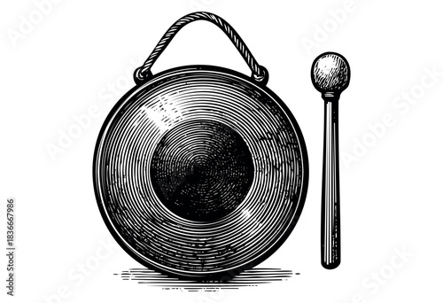 Vintage-style engraving of a gong with a mallet, used for producing a deep, resonant sound in musical compositions — stock illustration.