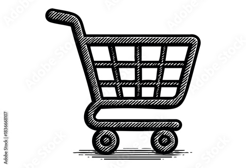 A black and white sketch shows an empty shopping cart in a hand-drawn style — stock vector.