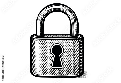 Stylized vintage padlock design in a black and white engraved illustration style for security concepts — stock vector.