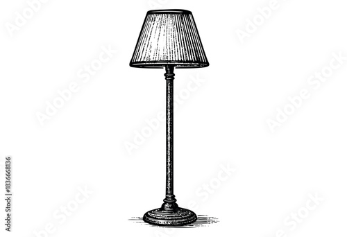 Elegant floor lamp with a conical lampshade in vintage engraved style — stock illustration.