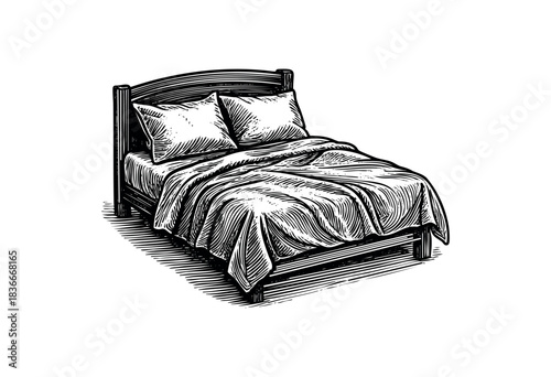 Classic style double bed with pillows and crumpled blanket in etched black and white — stock vector.