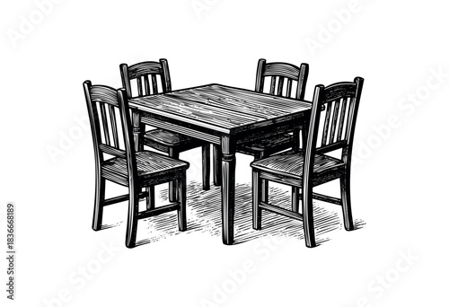 Monochrome woodcut illustration of a square dining table with four chairs, perfect for family meals or social gatherings — stock illustration.
