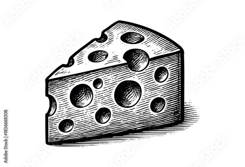 A piece of swiss cheese is rendered in a vintage woodcut style — stock illustration.