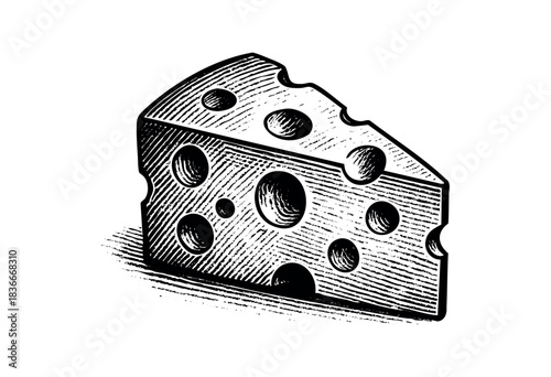 A black and white engraving shows a wedge of swiss cheese with holes — stock vector.