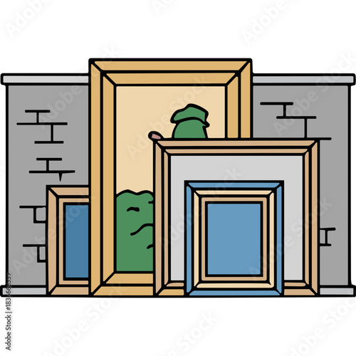 Framed Artworks Displayed Against Textured Gray Brick Wall with Various Sized Wooden and Metallic Frames Showing Abstract Green and Blue Artworks Inside