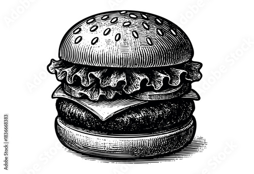 Monochrome engraving illustration of a delicious hamburger with all the fixings — stock illustration.