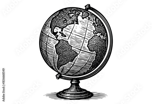 Monochrome rendering of a vintage desk globe in an engraved style, displaying North and South America — stock vector.
