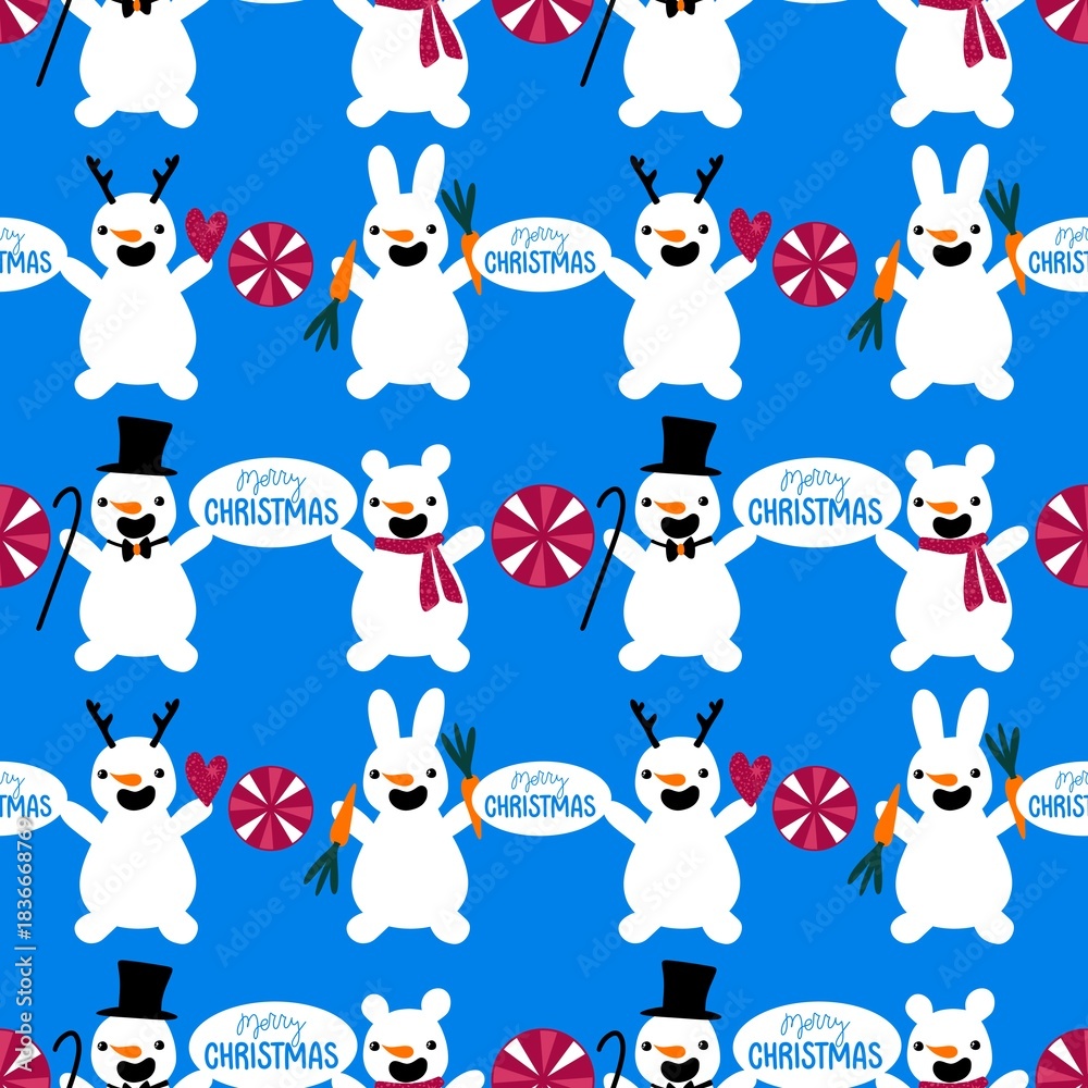 Obraz premium Christmas cartoon ice seamless snowman pattern for wrapping paper and fabrics