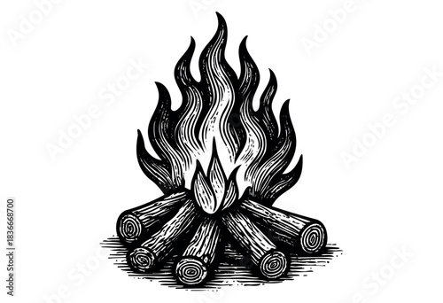 Illustration of a bonfire with logs in a classic woodcut style — stock illustration.