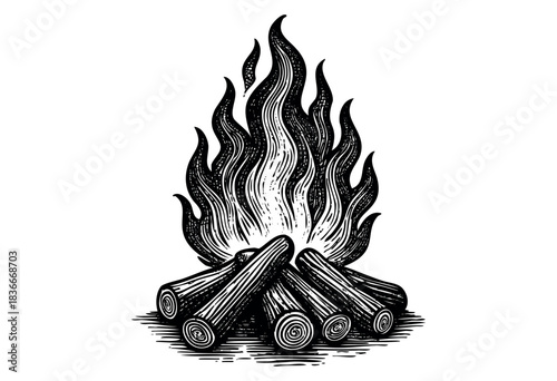 A black and white illustration of a crackling campfire with wood logs in a vintage engraved style — stock illustration.