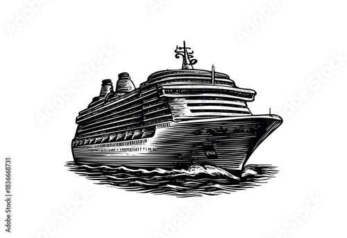A monochrome illustration depicts a cruise ship in a vintage engraved style, sailing on water — stock illustration.