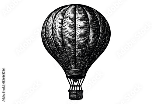 Detailed engraving of a hot air balloon against a white background — stock illustration.