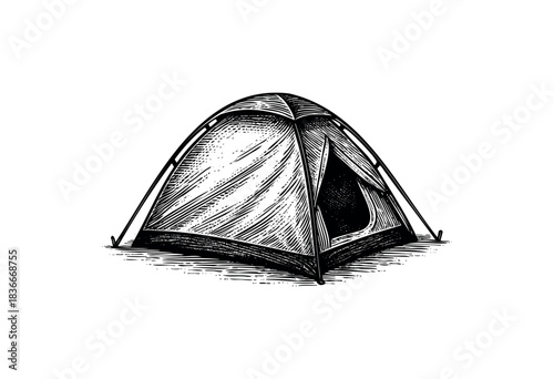 A tent with an open door is drawn in a woodcut style, perfect for outdoor adventure themes — stock illustration.